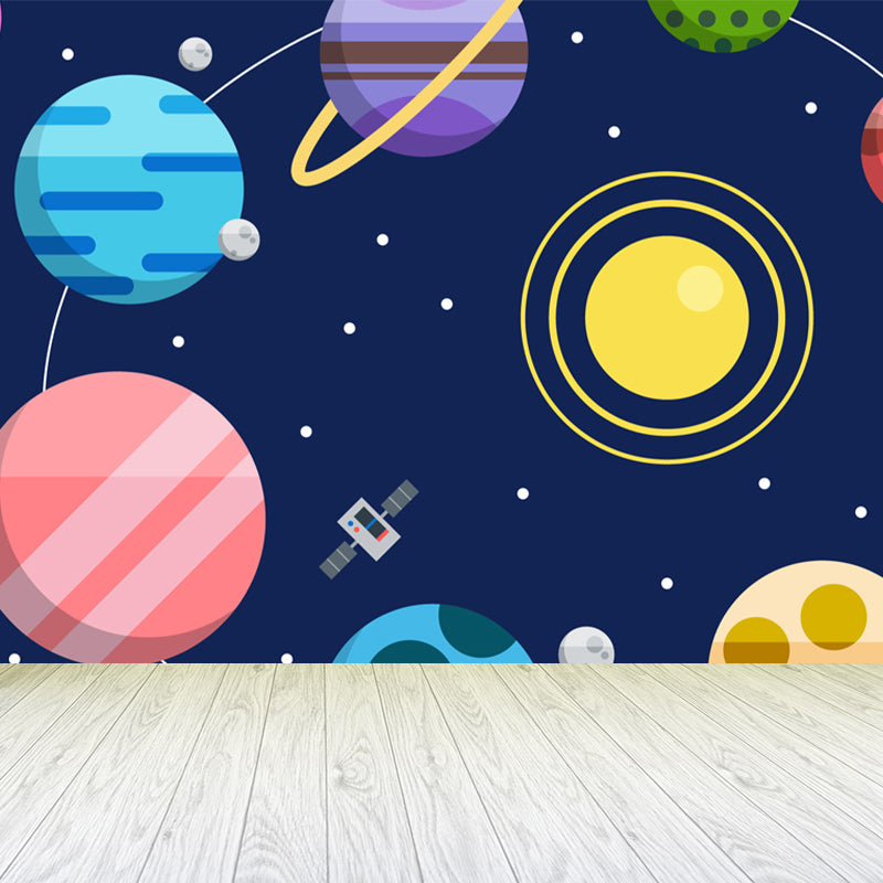 Kids Cosmos Spaceship Wall Mural Soft Color Waterproofing Wall Art for Boys Room Dark Blue Clearhalo 'Wall Decor' 'Wall Mural' 1896838