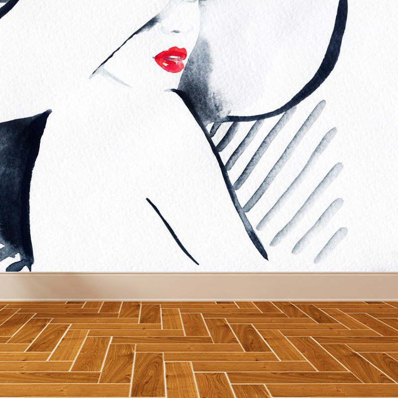Glam Girl Drawing Mural Non-Woven Stained Resistant Pastel Wall Covering for Room Clearhalo 'Wall Decor' 'Wall Mural' 1896924