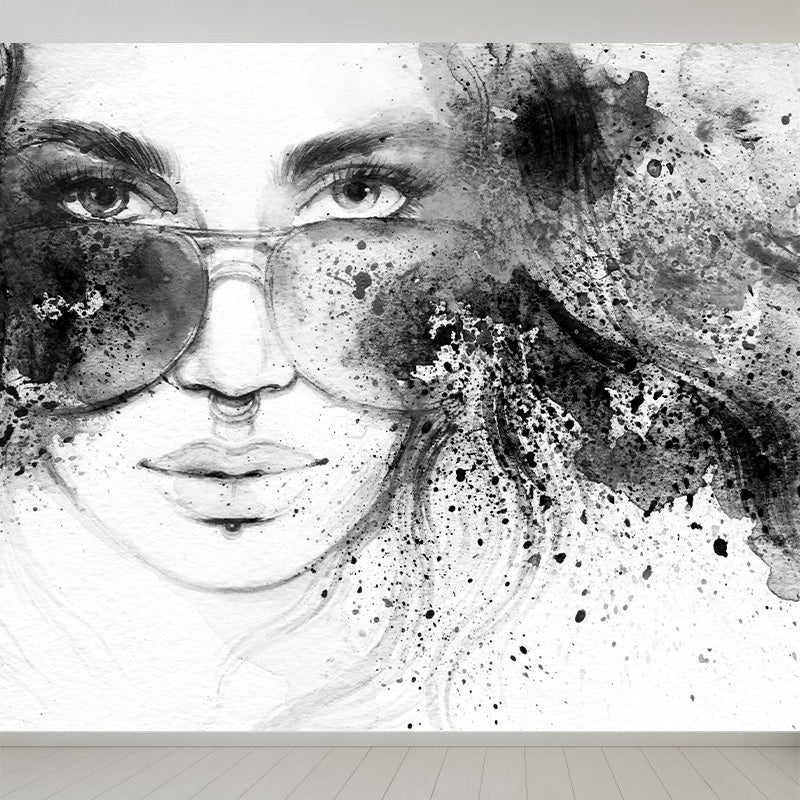 Cool Woman Mural Wallpaper House Interior Figure Drawing Wall Art, Made to Measure Black Clearhalo 'Wall Decor' 'Wall Mural' 1896938