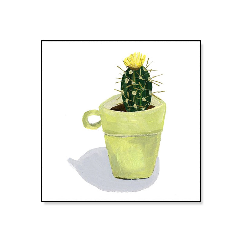 Nordic Illustration Bonsai Cactus Canvas Yellow Textured Wall Art Print for Child Room Clearhalo 'Art Gallery' 'Canvas Art' 'Contemporary Art Gallery' 'Modern' Arts' 1899606