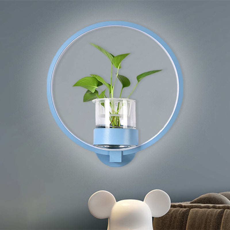 Round/Rectangle Metal Wall Light Macaron Grey/Yellow/Blue LED Sconce Lighting with Plant Pot for Bedroom Blue Round Clearhalo 'Cast Iron' 'Glass' 'Industrial' 'Modern wall lights' 'Modern' 'Tiffany' 'Traditional wall lights' 'Wall Lamps & Sconces' 'Wall Lights' Lighting' 1899783
