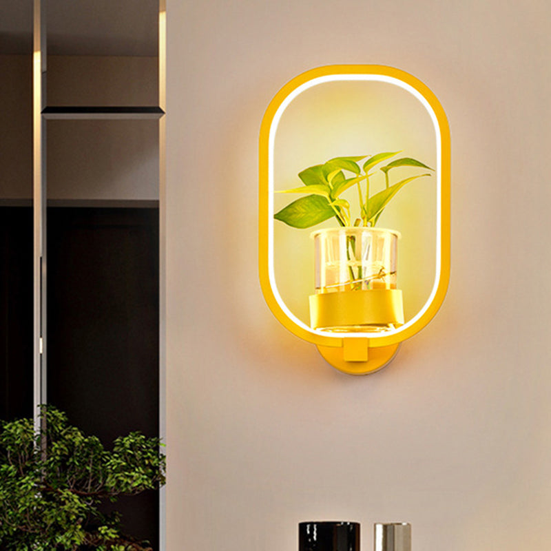 Round/Rectangle Metal Wall Light Macaron Grey/Yellow/Blue LED Sconce Lighting with Plant Pot for Bedroom Yellow Rectangle Clearhalo 'Cast Iron' 'Glass' 'Industrial' 'Modern wall lights' 'Modern' 'Tiffany' 'Traditional wall lights' 'Wall Lamps & Sconces' 'Wall Lights' Lighting' 1899804
