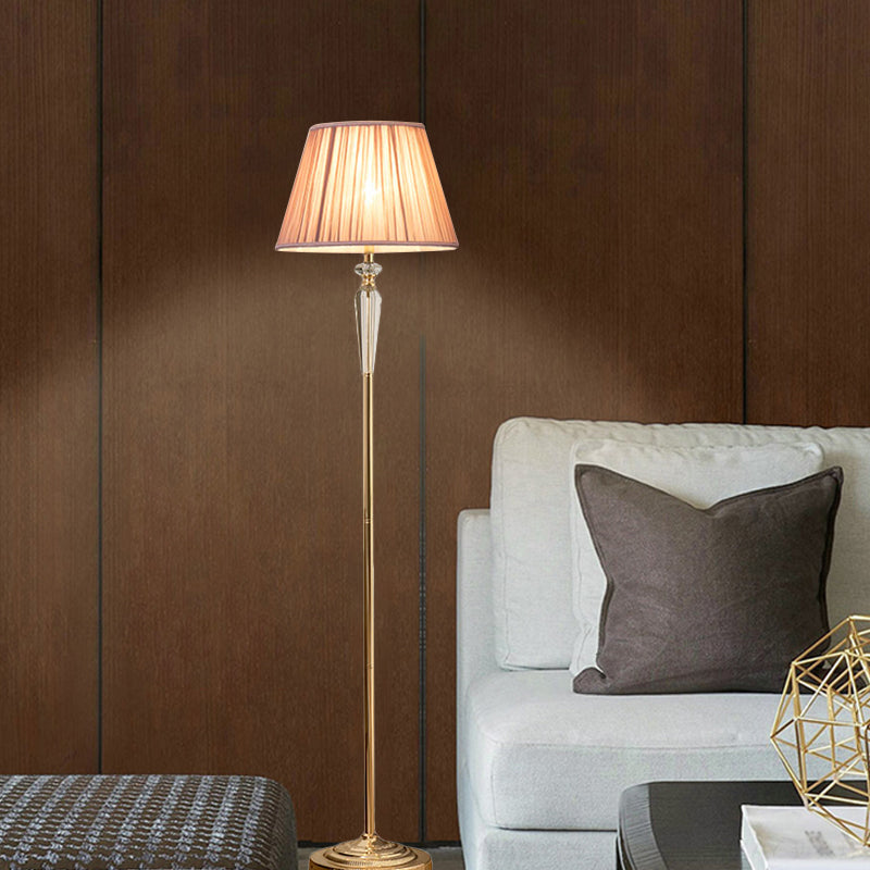 1-Head Barrel Floor Lighting Minimal Beige/Light Purple/Royal Blue Fabric Standing Lamp with Crystal Accent for Living Room Clearhalo 'Floor Lamps' 'Lamps' Lighting' 1899899