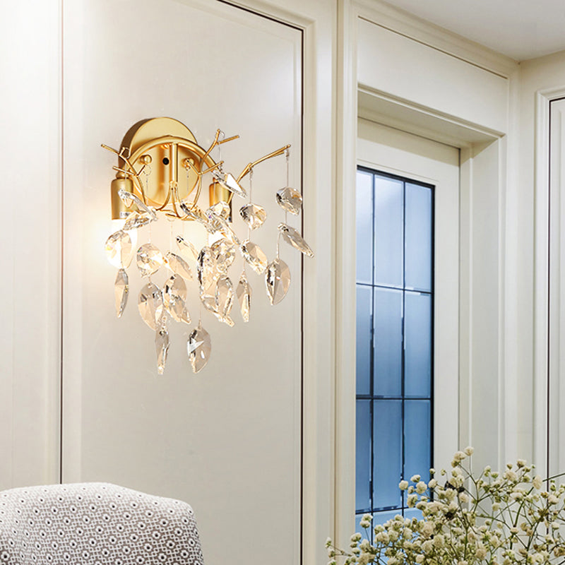 Faceted Crystal Leaf Wall Lamp Contemporary 2 Bulbs Living Room Wall Mounted Light in Gold Clearhalo 'Modern wall lights' 'Modern' 'Wall Lamps & Sconces' 'Wall Lights' Lighting' 1900394