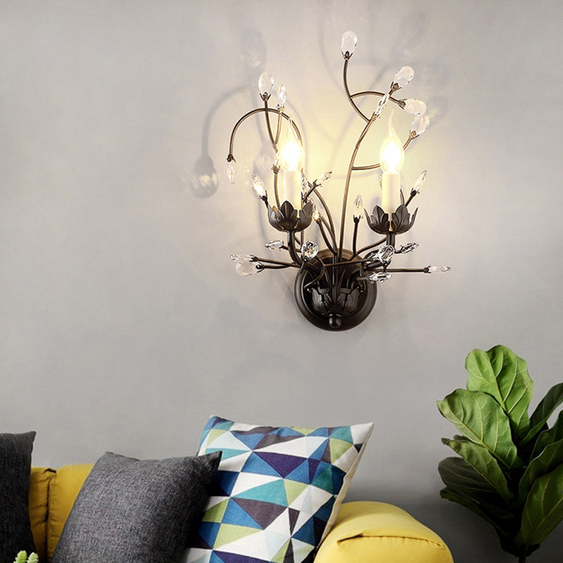 2-Bulb Candlestick Wall Light Fixture Minimalism Black Crystal Sconce Lamp with Branching Design Black Clearhalo 'Modern wall lights' 'Modern' 'Wall Lamps & Sconces' 'Wall Lights' Lighting' 1900673