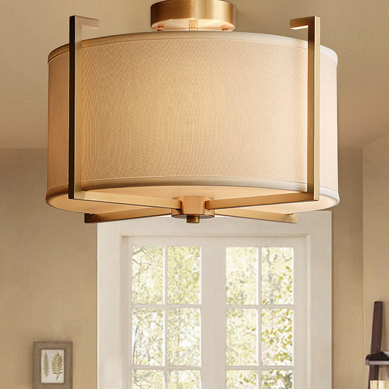 White Drum Semi Flush Mount Classic Fabric 4 Lights Living Room Ceiling Light Fixture with Iron Frame Clearhalo 'Ceiling Lights' 'Close To Ceiling Lights' 'Close to ceiling' 'Semi-flushmount' Lighting' 1903029