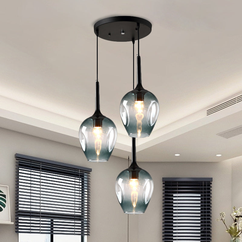 Black Tulip Cluster Lighting Modernist 3 Lights Amber/Smoke/Blue Glass Hanging Ceiling Lamp with Spiral Design Blue Clearhalo 'Ceiling Lights' 'Glass shade' 'Glass' 'Modern Pendants' 'Modern' 'Pendant Lights' 'Pendants' Lighting' 1903456