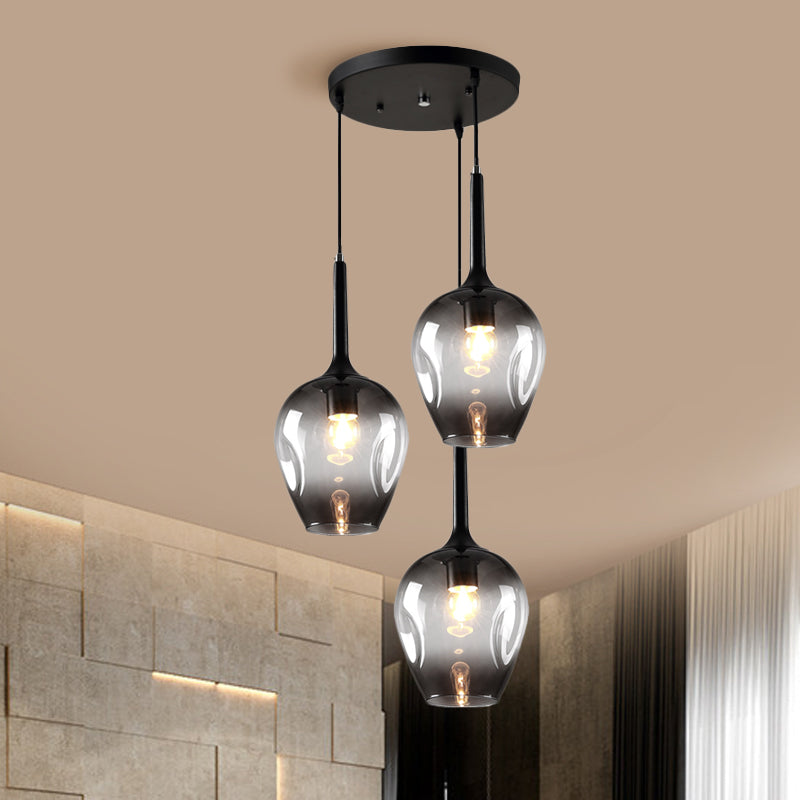 Black Tulip Cluster Lighting Modernist 3 Lights Amber/Smoke/Blue Glass Hanging Ceiling Lamp with Spiral Design Grey Clearhalo 'Ceiling Lights' 'Glass shade' 'Glass' 'Modern Pendants' 'Modern' 'Pendant Lights' 'Pendants' Lighting' 1903465