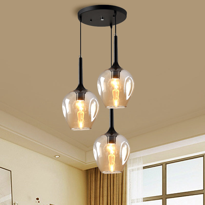 Black Tulip Cluster Lighting Modernist 3 Lights Amber/Smoke/Blue Glass Hanging Ceiling Lamp with Spiral Design Amber Clearhalo 'Ceiling Lights' 'Glass shade' 'Glass' 'Modern Pendants' 'Modern' 'Pendant Lights' 'Pendants' Lighting' 1903469