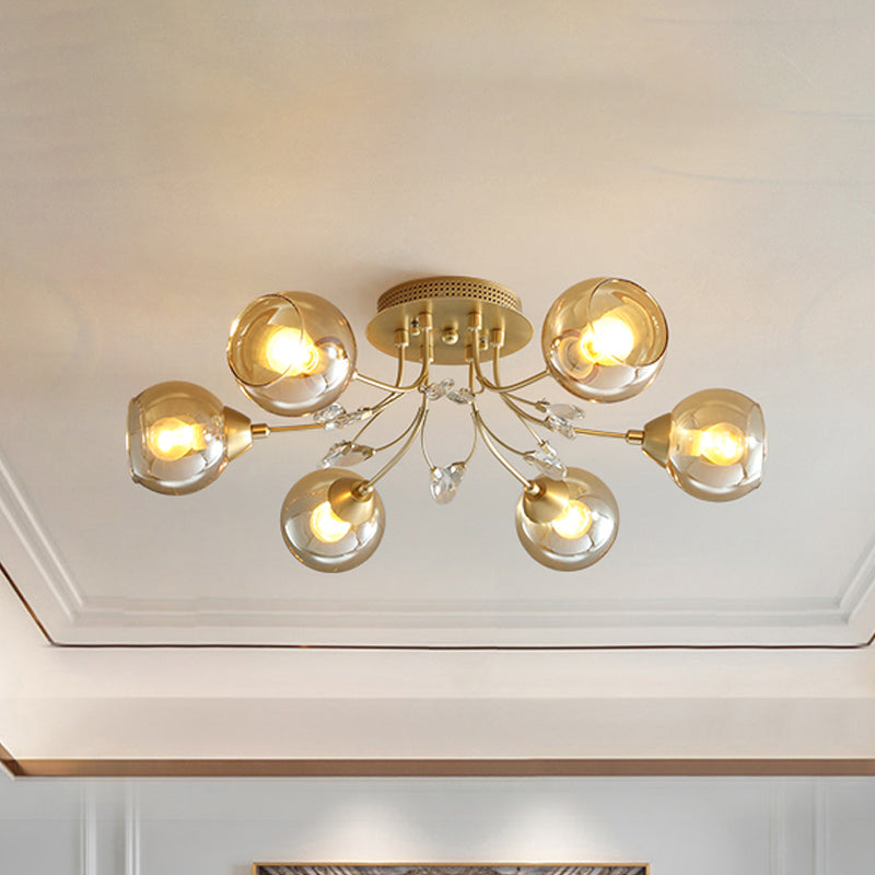 Amber Glass Ball Semi Ceiling Flush Light Traditional 6/9-Light Living Room Flush Light Fixture with Crystal Accent Clearhalo 'Ceiling Lights' 'Close To Ceiling Lights' 'Close to ceiling' 'Semi-flushmount' Lighting' 1903630