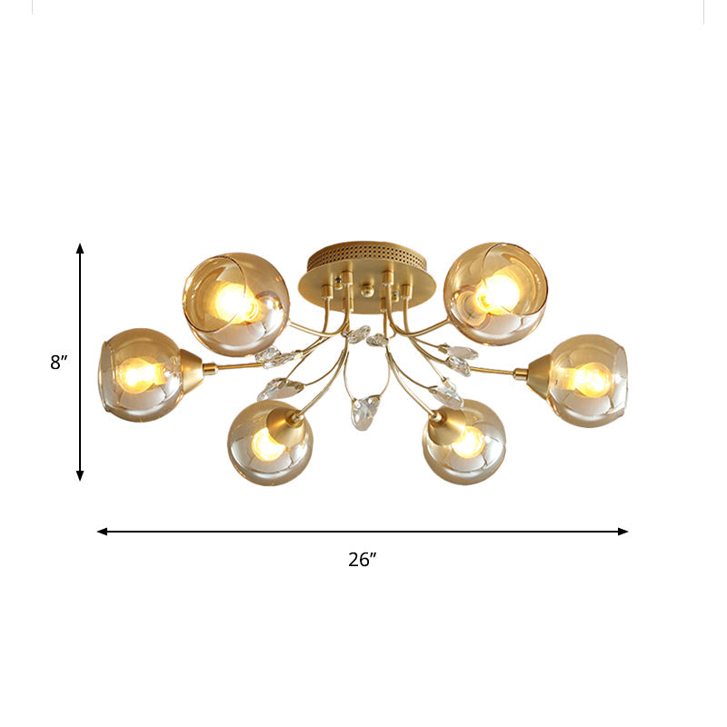 Amber Glass Ball Semi Ceiling Flush Light Traditional 6/9-Light Living Room Flush Light Fixture with Crystal Accent Clearhalo 'Ceiling Lights' 'Close To Ceiling Lights' 'Close to ceiling' 'Semi-flushmount' Lighting' 1903632