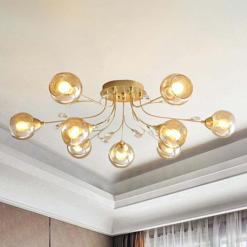 Amber Glass Ball Semi Ceiling Flush Light Traditional 6/9-Light Living Room Flush Light Fixture with Crystal Accent 9 Amber Clearhalo 'Ceiling Lights' 'Close To Ceiling Lights' 'Close to ceiling' 'Semi-flushmount' Lighting' 1903633