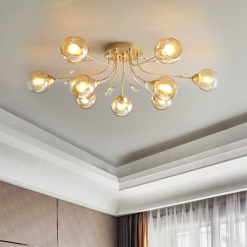Amber Glass Ball Semi Ceiling Flush Light Traditional 6/9-Light Living Room Flush Light Fixture with Crystal Accent Clearhalo 'Ceiling Lights' 'Close To Ceiling Lights' 'Close to ceiling' 'Semi-flushmount' Lighting' 1903635