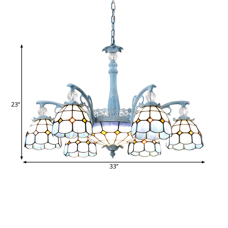 Stained Glass Bell Chandelier Mediterranean 4/6/8 Lights Blue Hanging Lamp for Dining Room Clearhalo 'Ceiling Lights' 'Chandeliers' 'Close To Ceiling Lights' 'Glass shade' 'Glass' Lighting' 1903857