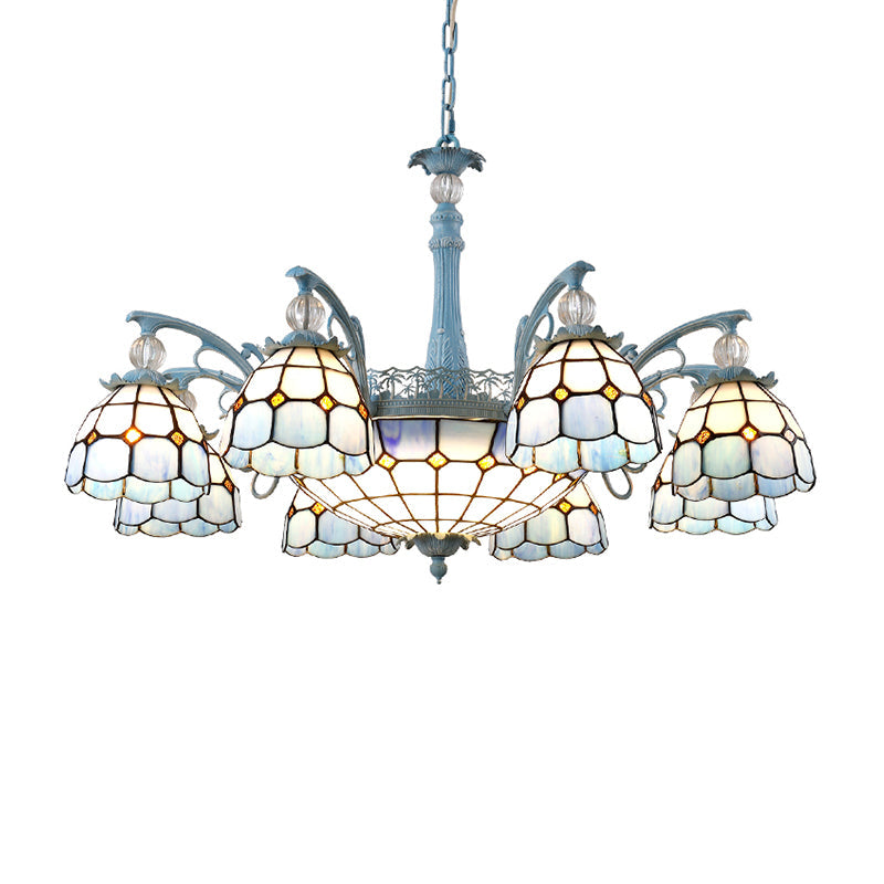 Stained Glass Bell Chandelier Mediterranean 4/6/8 Lights Blue Hanging Lamp for Dining Room Clearhalo 'Ceiling Lights' 'Chandeliers' 'Close To Ceiling Lights' 'Glass shade' 'Glass' Lighting' 1903859