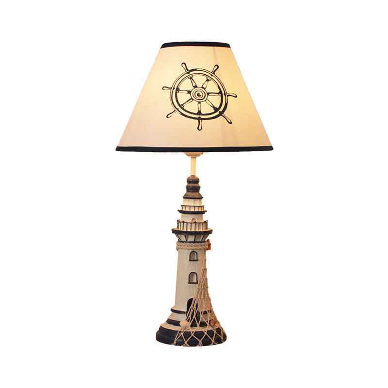 Red/Dark Blue Lighthouse Night Lamp Kids 1 Bulb Resin Table Light with Cone Fabric Shade and Remote Control/Dimmer Switch/Power Switch Clearhalo 'Lamps' 'Table Lamps' Lighting' 1903864