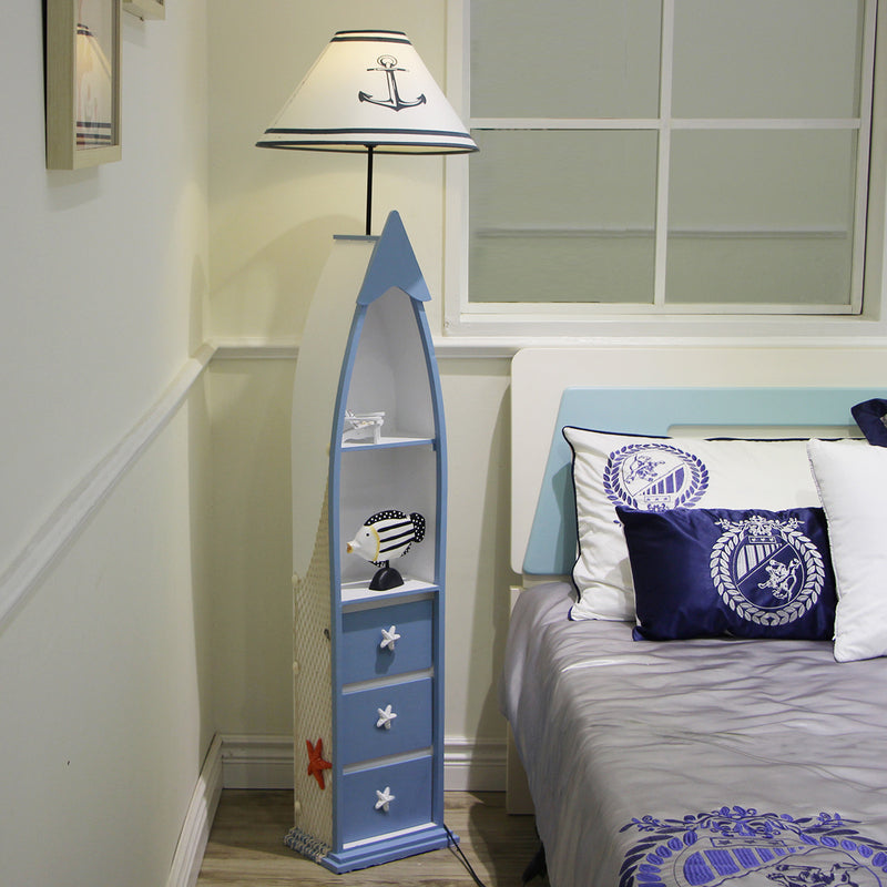 Boat-Shaped Floor Light Kid Wooden Single White Stand Up Lamp with Locker and Cone Shade White A without Remote Clearhalo 'Floor Lamps' 'Lamps' Lighting' 1903903