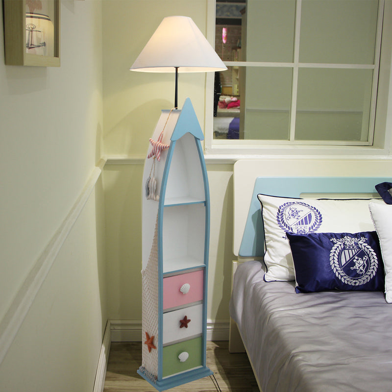 Boat-Shaped Floor Light Kid Wooden Single White Stand Up Lamp with Locker and Cone Shade White F without Remote Clearhalo 'Floor Lamps' 'Lamps' Lighting' 1903918