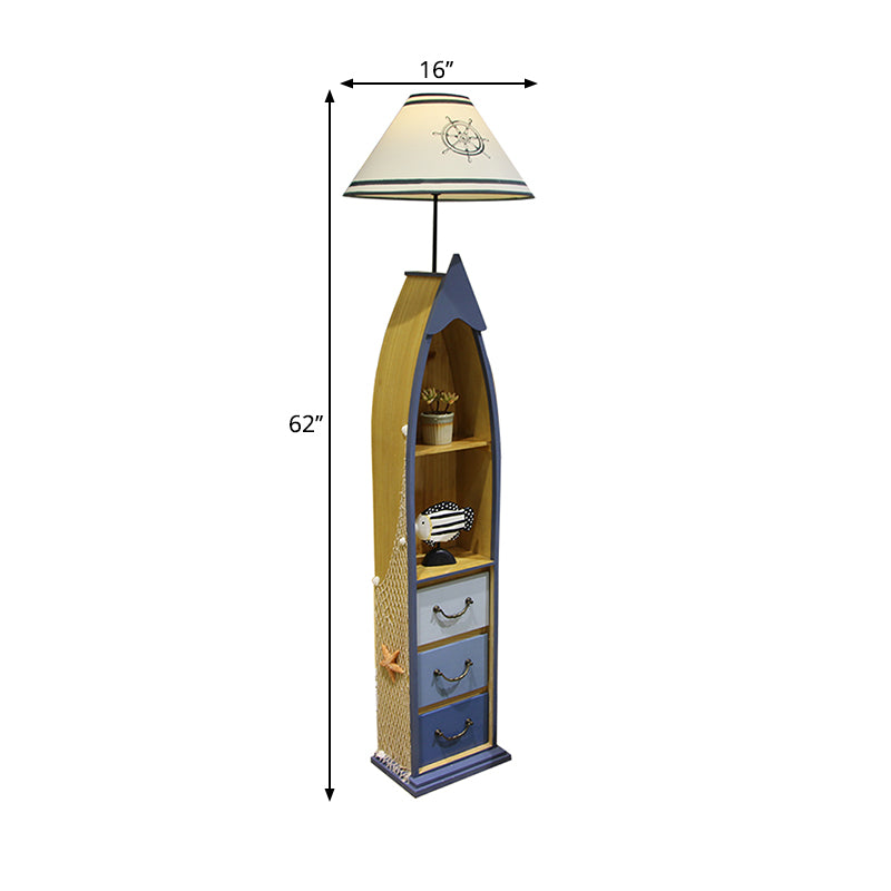 Conical Fabric Floor Lighting Kid 1-Bulb White/Yellow/Wood Ship Standing Lamp with Shelf and Drawer Clearhalo 'Floor Lamps' 'Lamps' Lighting' 1903923