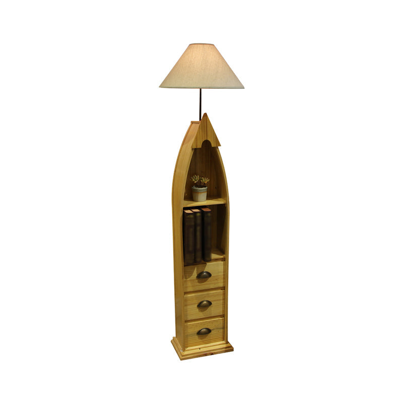 Conical Fabric Floor Lighting Kid 1-Bulb White/Yellow/Wood Ship Standing Lamp with Shelf and Drawer Clearhalo 'Floor Lamps' 'Lamps' Lighting' 1903925