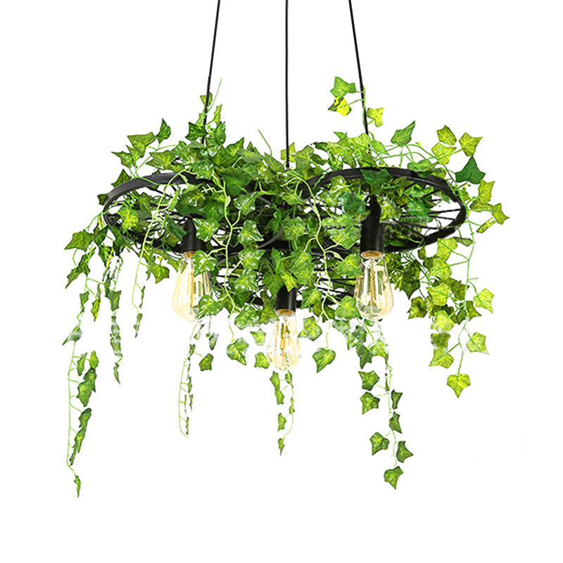 Retro Wagon Wheel Chandelier 1/3/6-Light Iron Hanging Pendant in Black with Decorative Plant Clearhalo 'Cast Iron' 'Ceiling Lights' 'Chandeliers' 'Industrial Chandeliers' 'Industrial' 'Metal' 'Middle Century Chandeliers' 'Rustic Chandeliers' 'Tiffany' Lighting' 1906994