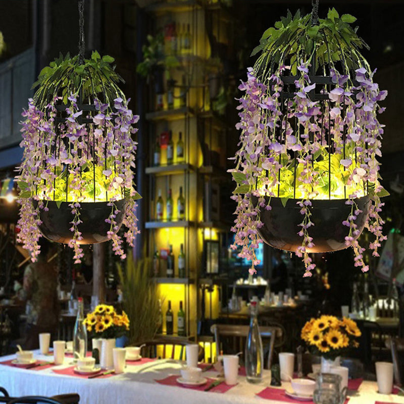 Burst/Barn/Birdcage Plant LED Pendant Lamp Industrial Pink/Green/Purple Finish Iron Hanging Chandelier for Bistro Light Purple Clearhalo 'Cast Iron' 'Ceiling Lights' 'Chandeliers' 'Industrial Chandeliers' 'Industrial' 'Metal' 'Middle Century Chandeliers' 'Rustic Chandeliers' 'Tiffany' Lighting' 1907040
