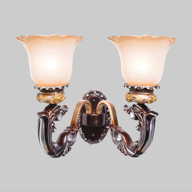 Brown 1/2-Head Wall Mounted Lamp Retro Style Pink and White Glass Floral-Shaped Wall Lighting Fixture Clearhalo 'Wall Lamps & Sconces' 'Wall Lights' Lighting' 1907357
