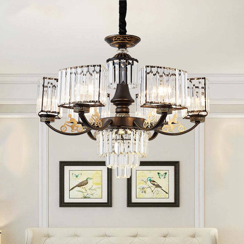 Contemporary 3/6 Heads Ceiling Light Black Cuboid Chandelier Lighting Fixture with Clear Crystal Shade 6 Black Clearhalo 'Ceiling Lights' 'Chandeliers' 'Modern Chandeliers' 'Modern' Lighting' 1907565