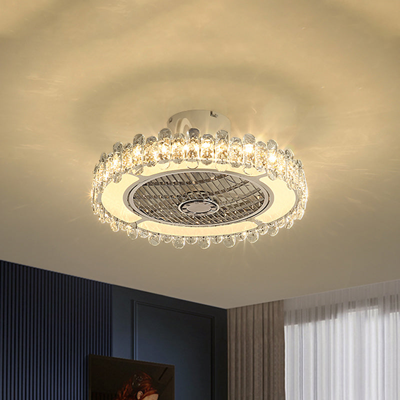 19.5" W Simple Drum Hanging Fan Lamp Clear Crystal Dining Room LED Semi Flush Light in Chrome White Clearhalo 'Ceiling Fans with Lights' 'Ceiling Fans' 'Modern Ceiling Fans' 'Modern' Lighting' 1907584