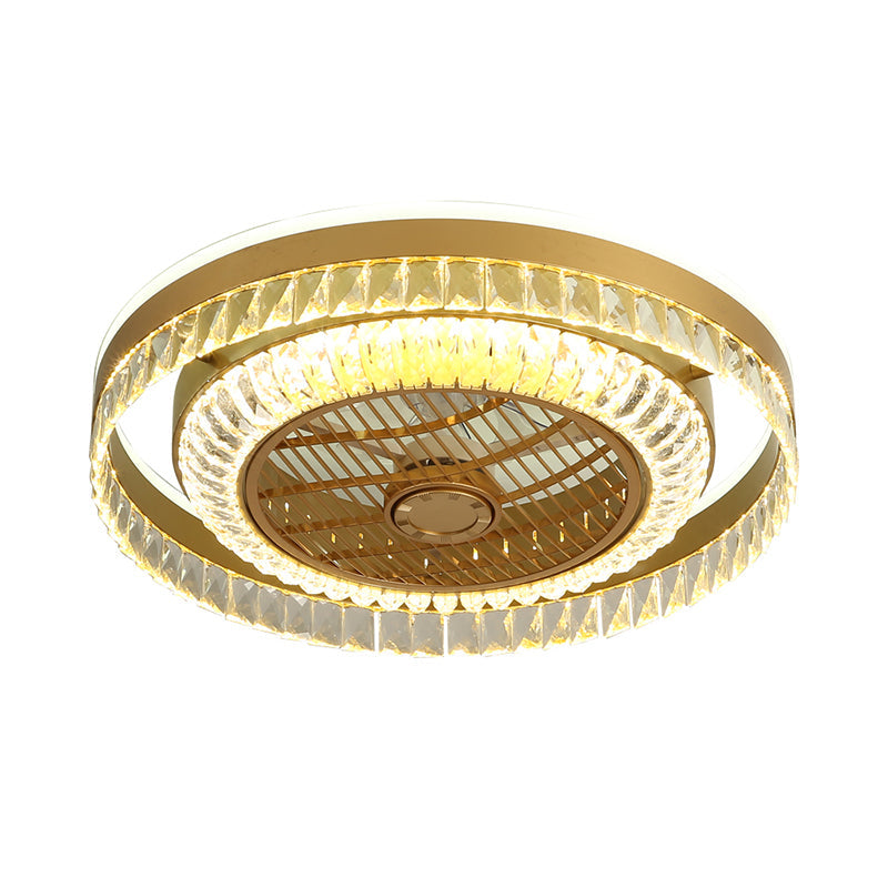 Round Living Room Ceiling Fan Lamp Crystal Block LED Modernist 4 Blades Semi Flush Light in Gold, 23.5