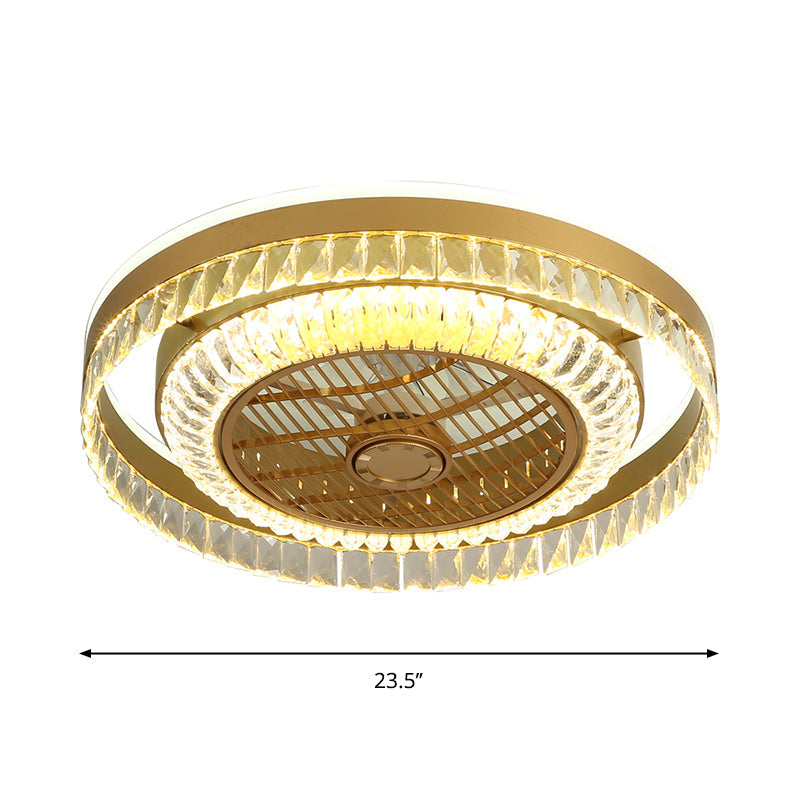 Round Living Room Ceiling Fan Lamp Crystal Block LED Modernist 4 Blades Semi Flush Light in Gold, 23.5