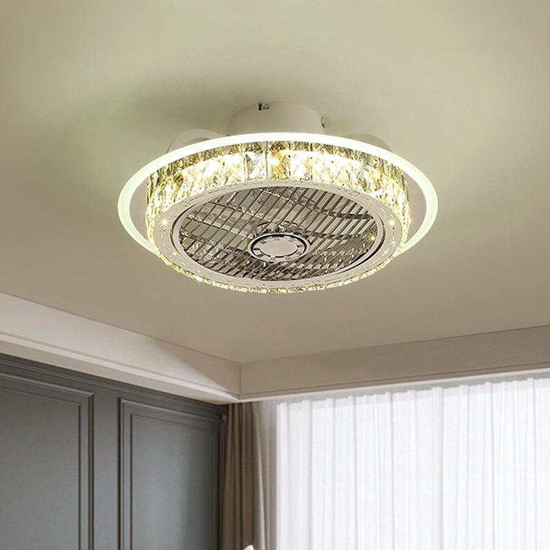 Chrome LED Round Semi Mount Lighting Minimalist Crystal Block Pendant Fan Lamp Fixture, 23.5