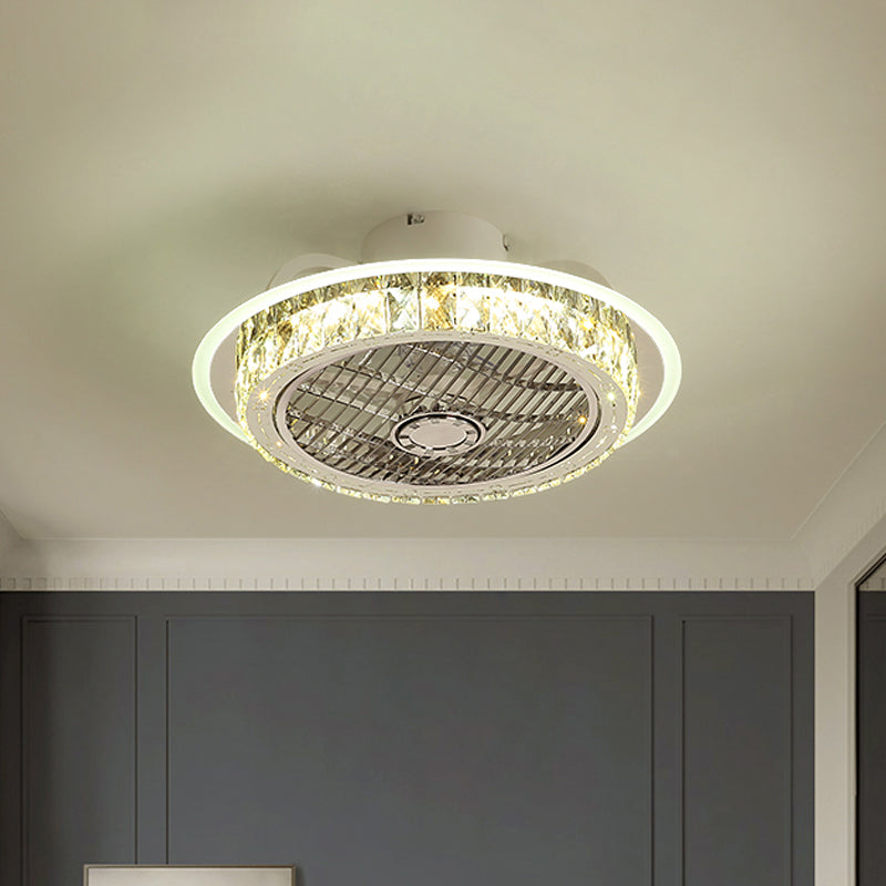 Chrome LED Round Semi Mount Lighting Minimalist Crystal Block Pendant Fan Lamp Fixture, 23.5" Wide Clearhalo 'Ceiling Fans with Lights' 'Ceiling Fans' 'Modern Ceiling Fans' 'Modern' Lighting' 1907632