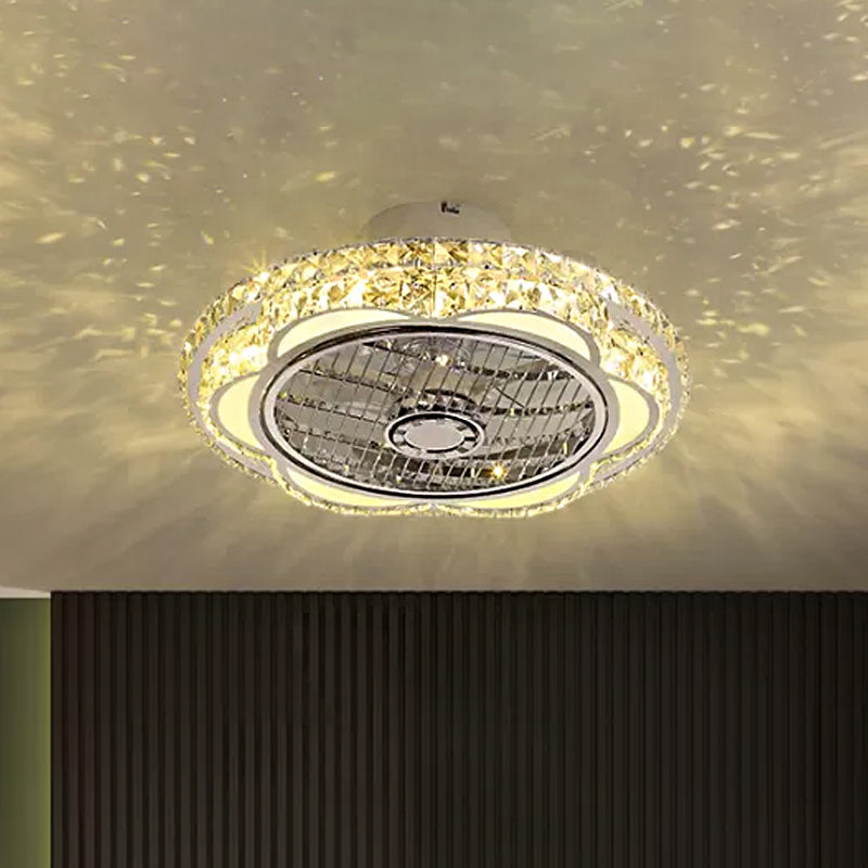 Crystal Block Floral Semi Flush Mount Minimalism LED Chrome Pendant Fan Light Fixture, 19.5