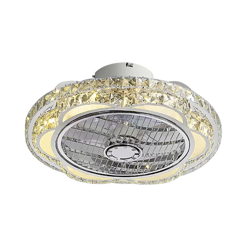 Crystal Block Floral Semi Flush Mount Minimalism LED Chrome Pendant Fan Light Fixture, 19.5