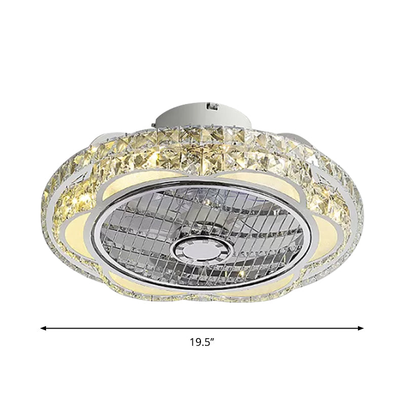 Crystal Block Floral Semi Flush Mount Minimalism LED Chrome Pendant Fan Light Fixture, 19.5