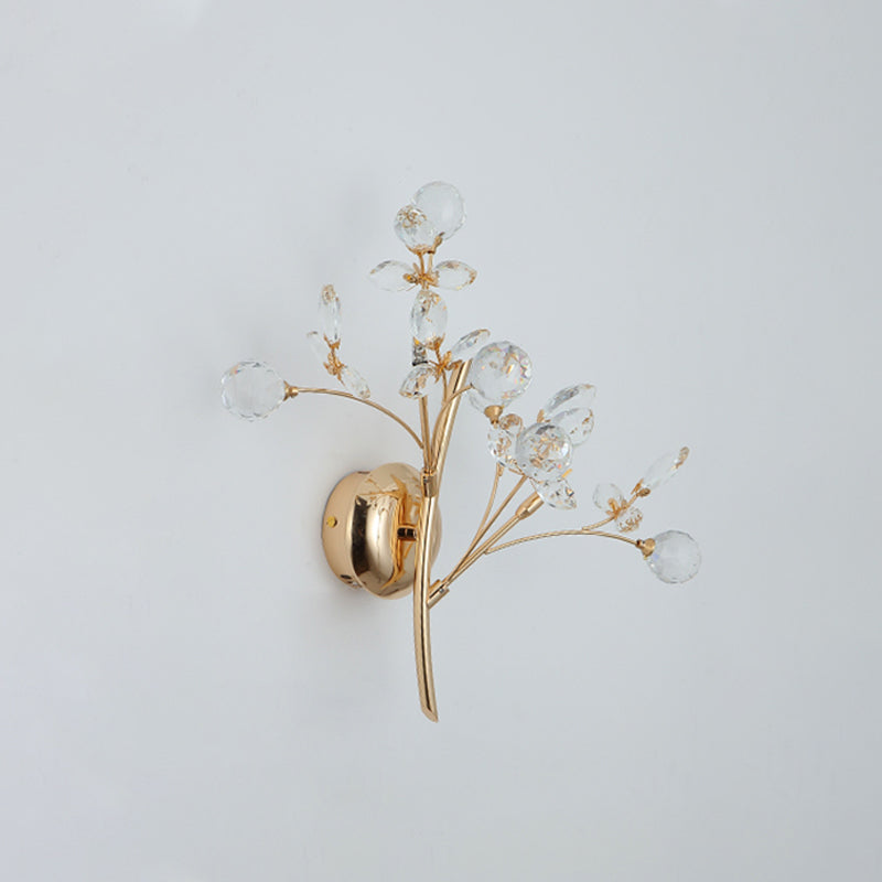 Beveled Crystal Branch Wall Light Modernist 2/3 Heads Wall Mounted Lighting Fixture in Gold Clearhalo 'Cast Iron' 'Glass' 'Industrial' 'Modern wall lights' 'Modern' 'Tiffany' 'Traditional wall lights' 'Wall Lamps & Sconces' 'Wall Lights' Lighting' 1907650