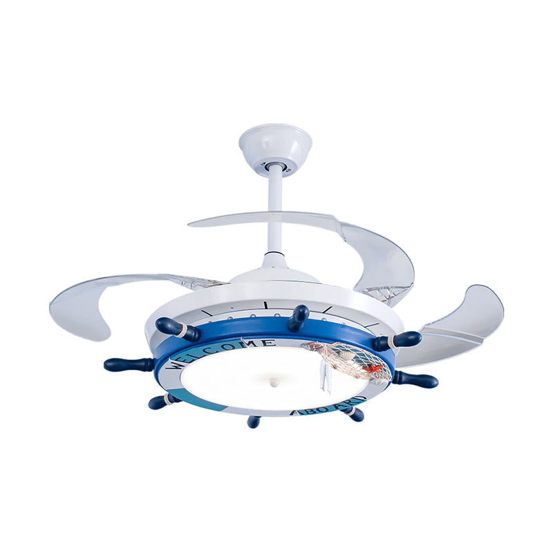 24.5" Wide Wood Rudder Semi Flush Lamp Cartoon Blue/Light Blue LED Pendant Fan Lighting with 3 Clear Blades Clearhalo 'Ceiling Fans with Lights' 'Ceiling Fans' 'Kids Ceiling Fans' 'Kids' Lighting' 1907777