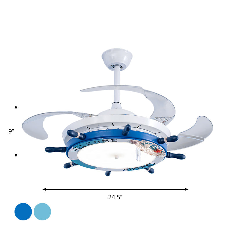 24.5" Wide Wood Rudder Semi Flush Lamp Cartoon Blue/Light Blue LED Pendant Fan Lighting with 3 Clear Blades Clearhalo 'Ceiling Fans with Lights' 'Ceiling Fans' 'Kids Ceiling Fans' 'Kids' Lighting' 1907778
