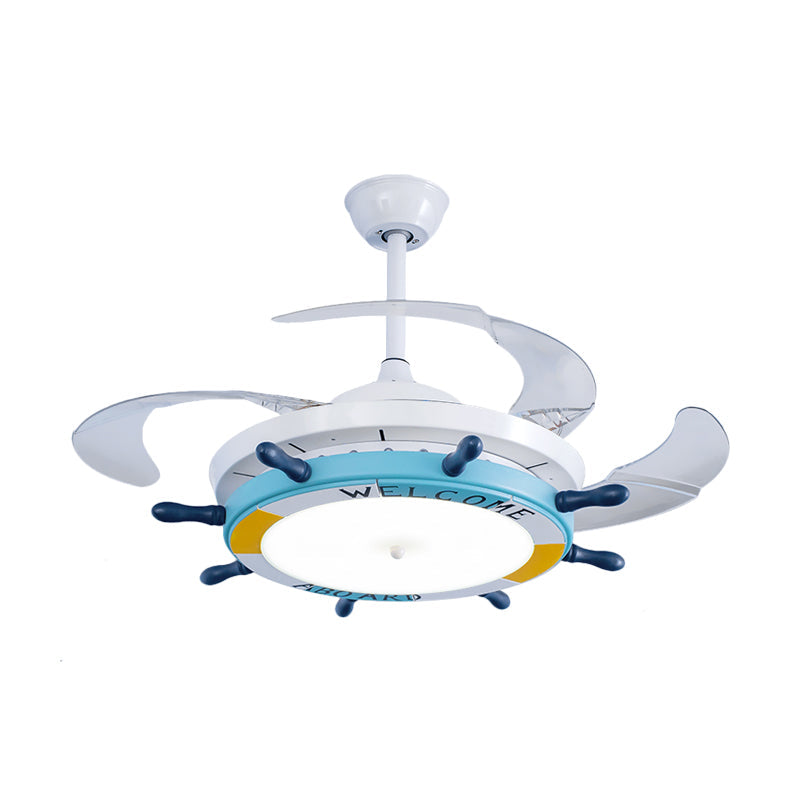 24.5" Wide Wood Rudder Semi Flush Lamp Cartoon Blue/Light Blue LED Pendant Fan Lighting with 3 Clear Blades Clearhalo 'Ceiling Fans with Lights' 'Ceiling Fans' 'Kids Ceiling Fans' 'Kids' Lighting' 1907782