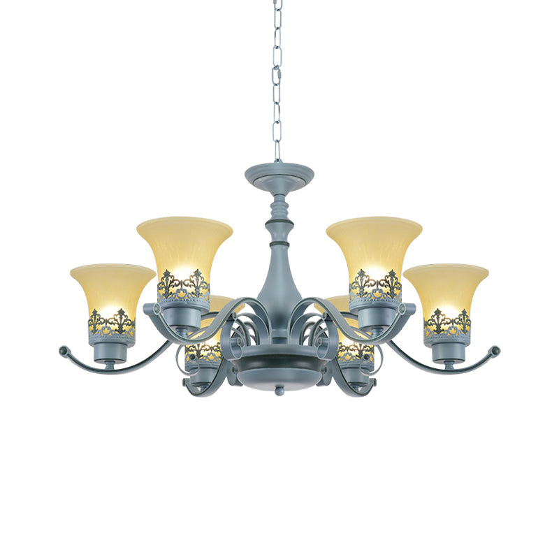 Nordic Flared Chandelier Lighting Amber Glass 6-Light Living Room Hanging Ceiling Lamp with Curvy Arm in Blue Clearhalo 'Ceiling Lights' 'Chandeliers' Lighting' options 1907789