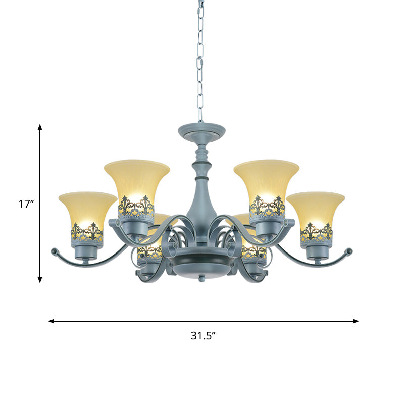 Nordic Flared Chandelier Lighting Amber Glass 6-Light Living Room Hanging Ceiling Lamp with Curvy Arm in Blue Clearhalo 'Ceiling Lights' 'Chandeliers' Lighting' options 1907790