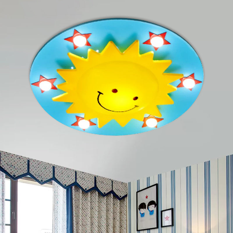 Blue/Pink Sun Flush Mount Light Simple 6-Bulb Wood Close to Ceiling Lamp for Children Room Blue Clearhalo 'Ceiling Lights' 'Close To Ceiling Lights' 'Close to ceiling' 'Flush mount' Lighting' 1908224