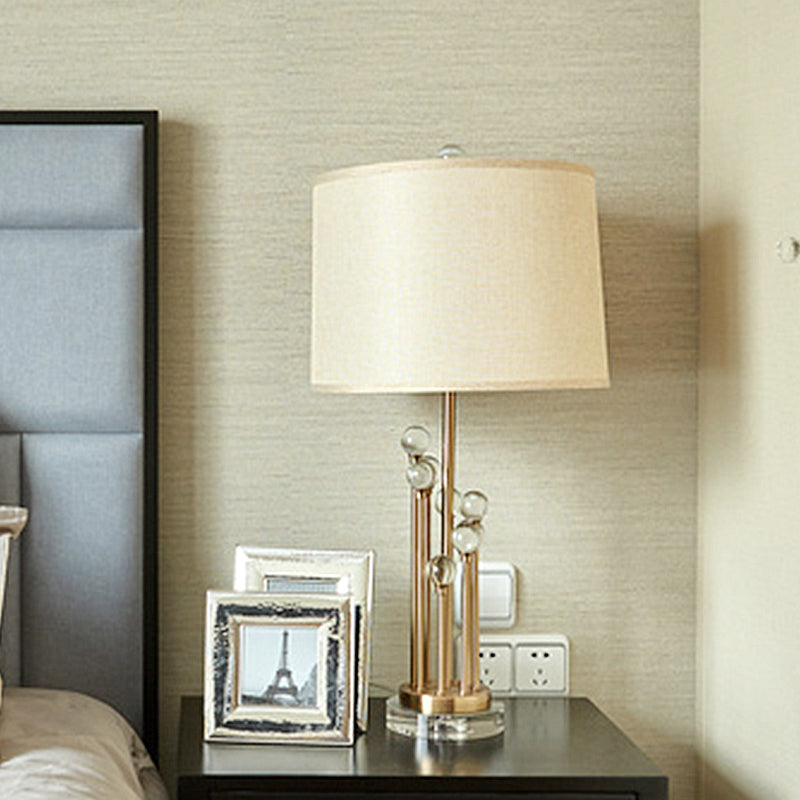 Fabric Drum Shade Night Lighting Traditional 1 Light Bedroom Nightstand Lamp in Gold with Clear Crystal Ball Deco Clearhalo 'Lamps' 'Table Lamps' Lighting' 1908686