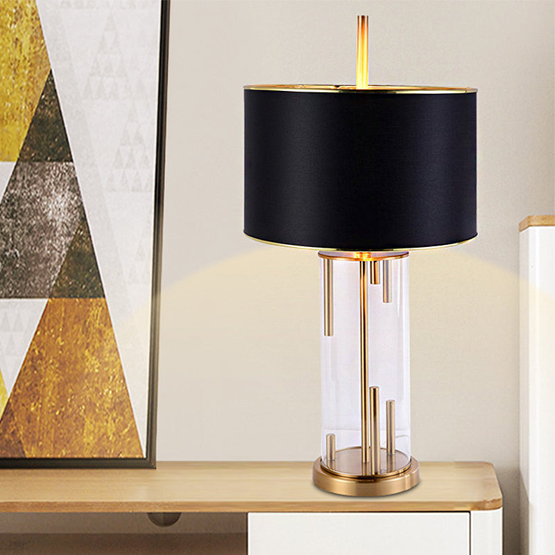 Traditional Drum Shape Night Light 1 Bulb Fabric Night Table Lamp in Black with Cylinder Clear Glass Base Black Clearhalo 'Lamps' 'Table Lamps' Lighting' 1908707