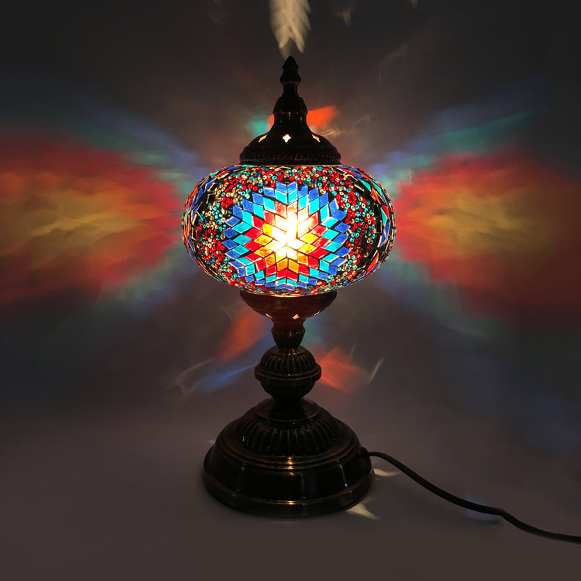 1 Head Bedroom Table Lamp Vintage Bronze Task Lighting with Spherical Red/Blue/Multi-Color Glass Shade Blue Clearhalo 'Lamps' 'Table Lamps' Lighting' 1908768