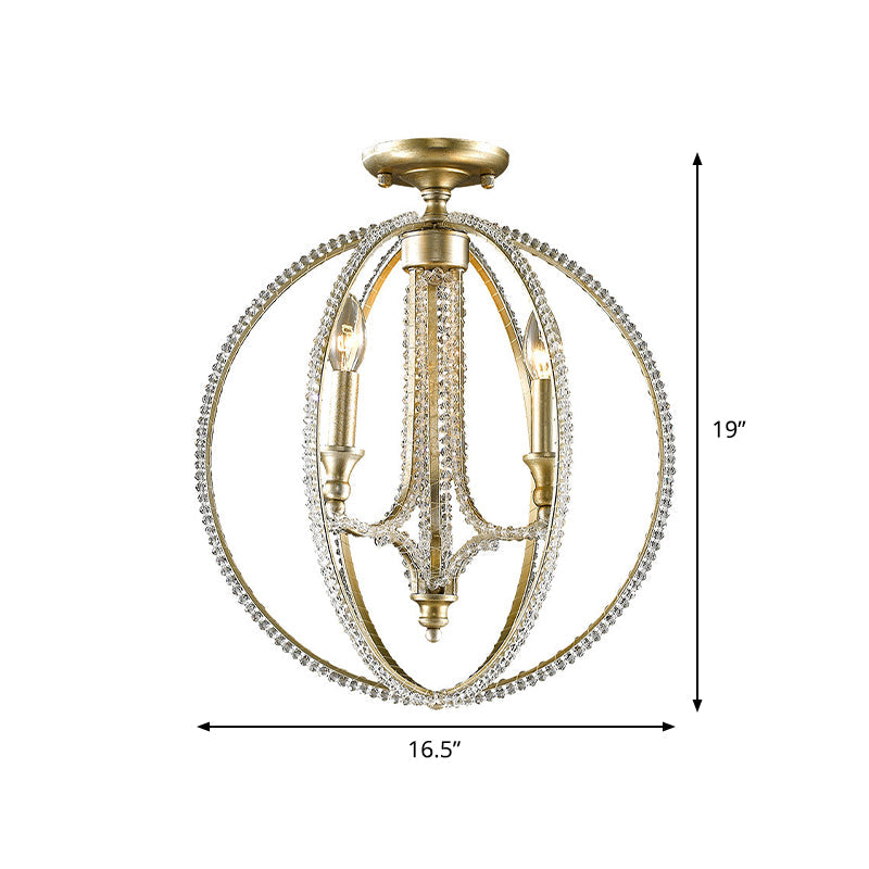 Crystal Gold Finish Semi Flush Lighting Globe 3 Heads Traditional Close to Ceiling Lamp for Living Room Clearhalo 'Ceiling Lights' 'Close To Ceiling Lights' 'Close to ceiling' 'Semi-flushmount' Lighting' 1908898