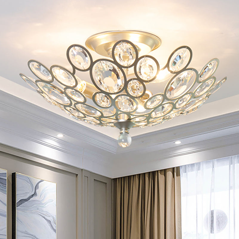 3-Bulb Clear Faceted Crystal Flushmount Retro Silver/Gold Bubble Ring Kitchen Semi Flush Chandelier Lighting Silver Clearhalo 'Ceiling Lights' 'Close To Ceiling Lights' 'Close to ceiling' 'Semi-flushmount' Lighting' 1908904