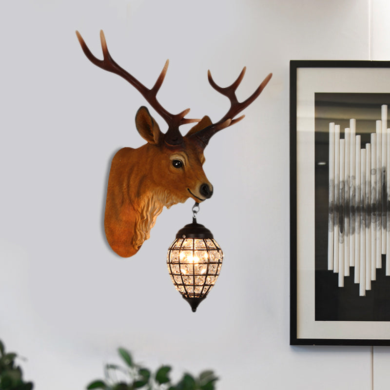 1 Head Wall Sconce Lighting Rustic Elk Resin Wall Mounted Lamp in Brown with Crystal Waterdrop Shade, 14.5"/20" W Clearhalo 'Wall Lamps & Sconces' 'Wall Lights' Lighting' 1908950