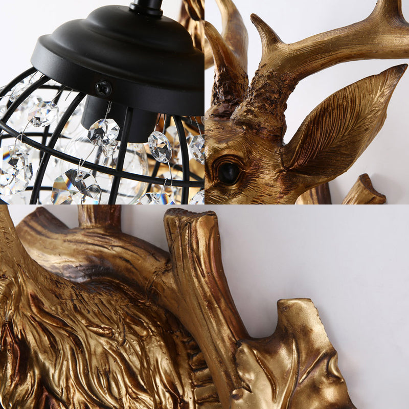 Ellipsoid Cage Beveled Crystal Sconce Farmhouse 12"/18" W 1 Head Living Room Wall Mount Lighting with Gold Antler Backplate Clearhalo 'Wall Lamps & Sconces' 'Wall Lights' Lighting' 1908970